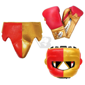 Conjuntos de boxeo de cuero genuino con logotipo personalizado, guantes de entrenamiento y sparring, protector de cabeza y protector de ingle - Product Image 5