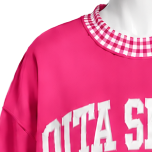 เสื้อสเวตเชิ้ตคอกลมโอเวอร์ไซส์สีชมพูสดสำหรับผู้ชาย แต่งขอบลายตารางกิงแฮม แขนยาว พิมพ์ลายกราฟิก สไตล์ลำลอง สตรีทแวร์ แฟชั่นท็อป - Product Image 5