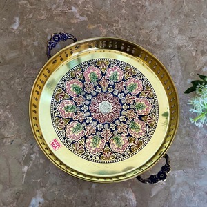 Plateau de service rond en métal doré, fait main, martelé et gravé, style oriental, pour mariage, plat décoratif pour servir les aliments - Product Image 6