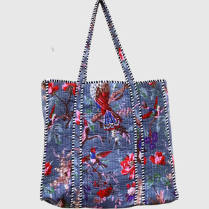 Sac fourre-tout en coton à panneaux avec broderie florale d'oiseaux, style bohème, ouverture supérieure, pour le shopping toutes saisons - Product Image 1