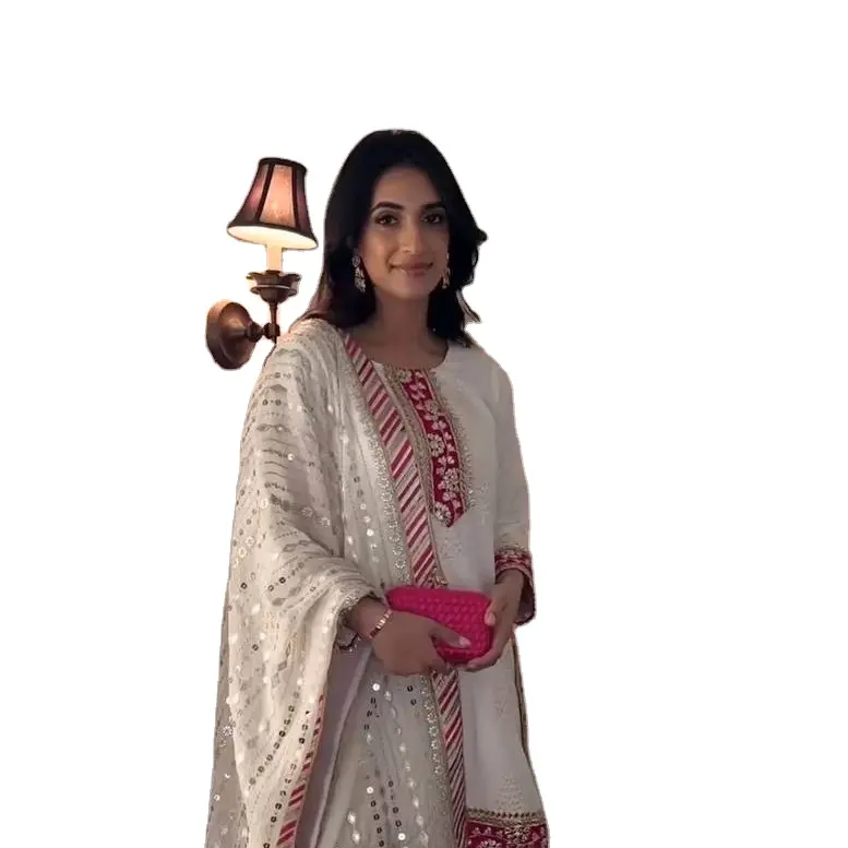 Атласный белый цветной пакистанский курти с розовой каймой и бриллиантами, тяжелый набор для женской коллекции