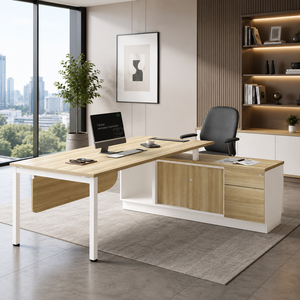 Modern L Shape Office <b>Desk</b> Storage Cabinet Wood Top White Frame Freestanding <b>Computer</b> <b>Desk</b> for Home Office AY Office System - Product Image 1