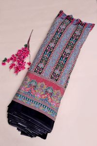 Tissu imprimé à rayures florales noires avec bordure décorative pour la confection de robes Kurti, tissu pour vêtements ethniques. - Product Image 5