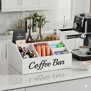 Natural White Wooden Coffee <b>Station</b> Organizer Caddy Countertop Coffee Bar Accessories Storage Box Holder Supply Wholesale - Product Image 2