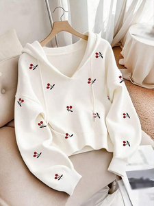 Sudaderas con Capucha Personalizadas para Mujer, Bordado Minimalista de Cerezas, Felpa de Algodón Premium, Corte Holgado, Estilo Urbano, Proveedor Mayorista - Product Image 2
