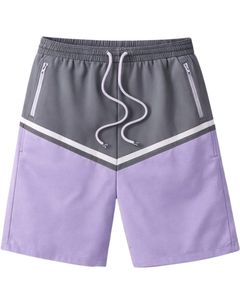 กางเกงขาสั้นผู้ชายสีเทาและสีลาเวนเดอร์แบบมีเชือกผูกเอว มีกระเป๋าซิป สวมใส่สบาย เหมาะสำหรับฤดูร้อน ชายหาด กีฬา แห้งเร็ว - Product Image 1