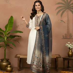 Ensemble Kurta et pantalon en soie romaine blanche avec dupatta imprimé, col rond, coupe trapèze, longueur mollet, tenue ethnique festive pour femme, taille M à XXL - Product Image 1