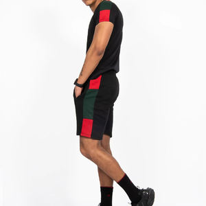 Ensemble T-shirt et short pour homme, noir et rouge, style color block, tenue décontractée d'été, respirant, tricoté, 100% coton, imprimé numérique, 220g - Product Image 3
