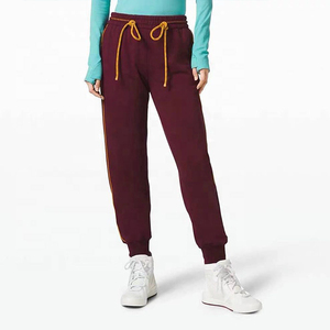 Women's Maroon High Waist Jogger Pants Solid Color Drawstring Elastic Cuff Side Pockets Ankle-Length Regular Fit Autumn Wear - Product Image 1