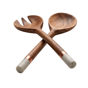 Servidores de ensalada de madera de mango hechos a mano de primera calidad, cuchara y tenedor de madera ecológicos con elegantes mangos bañados en blanco. - Product Image 2