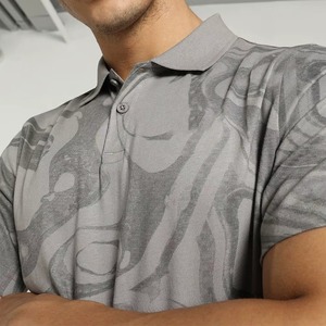 Short de golf pour homme haut de gamme, 100% coton, imprimé sublimation, motif géométrique à rayures ondulées bleu marine et gris, anti-plis, avec poche - Product Image 5
