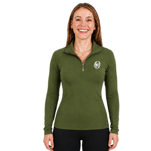 Haut de performance pour femme, vert olive, à manches longues, col zippé, extensible et respirant, pour l'équitation et l'entraînement équestre - Product Image 1