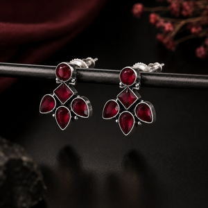 Fashion <b>Red</b> Gemstone Bezel Setting Stud <b>Earrings</b> Floral Statement Silver Plated Vintage Party Jewelry for Women Wholesale - Product Image 6