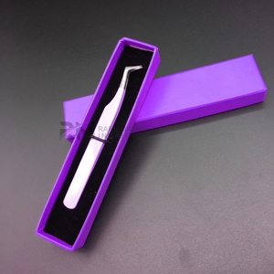 Pince à épiler pour cils RMI de haute qualité en acier inoxydable, pointe argentée et couleur rose clair / Emballage en boîte cartonnée violette, pince à épiler individuelle - Product Image 6