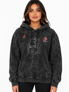 Sudadera con Capucha de Punto Transpirable para Mujer, Estilo Acid Wash, Invierno, Negra, Mezcla de Algodón, Oversize, Casual, con Logotipo Bordado en la Parte Delantera - Product Image 1