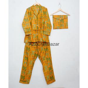 ชุดนอนผู้หญิงพิมพ์ลายดิจิทัลสไตล์อินเดีย งานแฮนด์เมดสุดหรู ผ้าฝ้าย 100% เอวยางยืด ลายดอกไม้ แขนยาว ขายาวเต็มตัว - Product Image 5