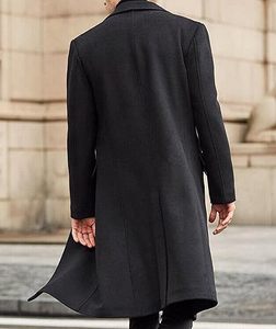 Manteau long élégant en laine pour homme, noir, col à revers, manches longues, chaud pour l'hiver, couleur unie, design ouvert sur le devant - Product Image 2