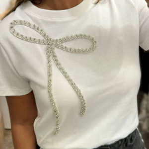 T-shirt en jersey de qualité supérieure pour femme, manches courtes, avec nœud en strass et cristaux, décontracté, col rond, pour l'été - Product Image 1