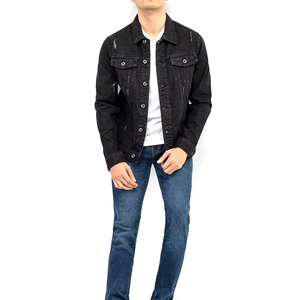 Men's <b>Black</b> Denim <b>Jacket</b> Regular Fit Crew Neck Single Breasted Washed Cotton Casual Winter Breathable Front Tanned - Product Image 2