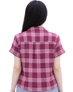 <b>Rose</b> Pink And Burgundy Plaid Womens Short Sleeve Button Up Shirt Casual Summer Lightweight Breathable Checkered <b>Top</b> With Pocket - Product Image 2