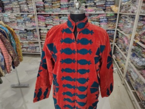 <b>Women</b> Red Velour <b>Robe</b> Long Sleeve Mandarin Collar Geometric Print Full Length Winter Cozy Zipper Fly Soft Machine Washable - Product Image 4