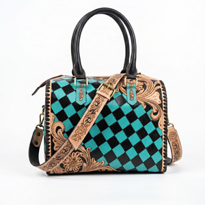 Vintage Hand <b>Tooled</b> <b>Leather</b> Speedy Bag for Women Turquoise Black Checkered Western Handbag Genuine <b>Leather</b> Crossbody Purse Boho - Product Image 1
