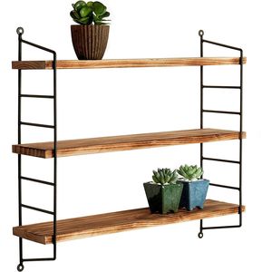 23-Inch Modern Industrial 3-Tier Floating <b>Shelf</b> Adjustable Torched <b>Wood</b> and Metal Wall Mounted Display Industrial Style - Product Image 1