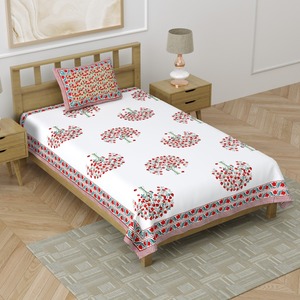 Drap de lit simple en coton Heritage, imprimé floral rouge à motifs d'arbres, fait main, avec housse de coussin pour la maison et l'hôtellerie - Product Image 2