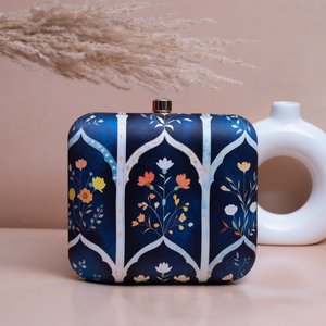 Navy Blue Floral Printed Clutch Metal <b>Frame</b> Hard Case with Satin Digital Fabric Raw Silk Interior and Crystal Stone Lock 7 x 6.5 - Product Image 1