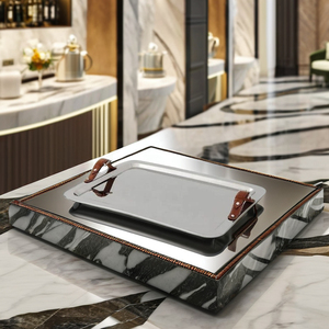 Bandeja de Metal con mango de cuero para decoración de comida de Ramadán, bandeja de servicio de Metal barata para invitados, regalos de boda - Product Image 1