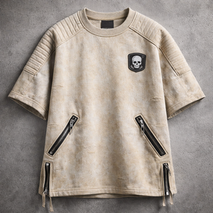 เสื้อยืดผู้ชายทรงสปอร์ตแบบ Biker ซิปหน้า ผ้าแคนวาสคอตตอน 100% ย้อมเส้นด้าย หนา ทนทาน เป็นมิตรต่อสิ่งแวดล้อม ระบายอากาศด้านหน้า ทรงหลวมไหล่ตก - Product Image 3