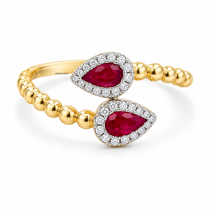 Anillo Abierto de Lujo con Doble Gema Roja en Corte Pera y Halo, con Engaste de Garra y Piedras Laterales Redondas en Oro de 10K-18K y Plata de Ley para Boda - Product Image 1