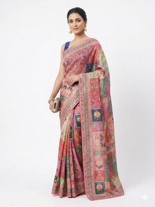 Sari Tradicional Indio de Seda con Estampado Digital, Color Rosa Multicolor, para Bodas, Largo hasta el Suelo, Corte Regular para Mujer - Product Image 2