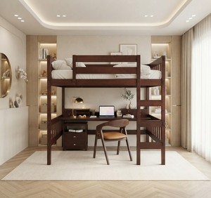 Modern Solid Wood Bunk Bed Twin Size with Desk and Storage <b>Oak</b> Finish Multi Functional Bedroom Furniture - Product Image 1
