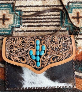 Mayorista Fabricante Navajo Estilo Señoras Bolso de mano de cuero Tooled Crossbody Fringe Lona Moda Sillín Manta Diseño - Product Image 3