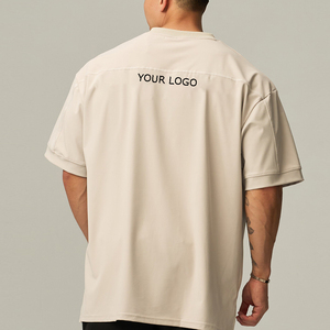 Men's Beige V-Neck Oversized Short Sleeve T-Shirt With Front Logo Print Casual Jersey Fit Breathable Cotton Top - Product Image 3