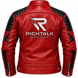 Blouson de moto pour homme en cuir véritable rouge respirant, col montant, fermeture éclair frontale, coupe-vent, style streetwear, idéal pour le printemps - Product Image 2