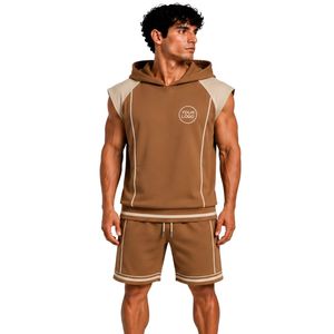 Ensemble de survêtement personnalisé pour homme, beige camel, sans manches, avec capuche, logo personnalisé, pour la gym, le fitness, l'entraînement sportif, sweat-shirt et short, vêtements de sport - Product Image 1