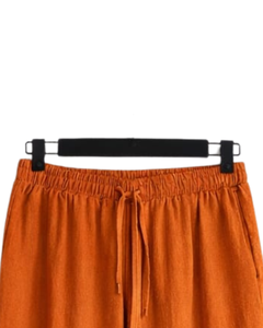 Ensemble deux pièces en lin orange brûlé pour femme, chemise à manches longues boutonnée et pantalon large à taille élastique, tenue décontractée - Product Image 6