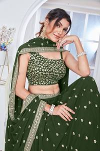 <b>Green</b> Lehenga Choli Set With Embroidered Border Traditional Indian Wedding Wear For Women Floor-Length Polyester Dress - Product Image 3