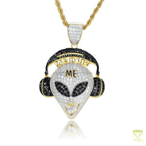 Iced Out Alien Face Pendant Necklace With Black and White Moissanite Stones - Product Image 3