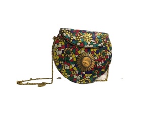 Colorful Mosaic Brass Clutch <b>Bag</b> With Gold Plated <b>Studs</b> And Flower Design Round Shape Metal Craft - Product Image 1