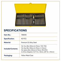 Jeu de 40 embouts en acier allié S2, embouts Torx, hexagonaux, spline, étoile, avec étui en métal jaune pour la réparation automobile