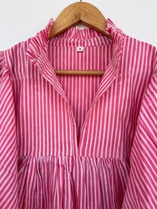 Women’s Pink and <b>White</b> Striped Cotton Babydoll Blouse with <b>Balloon</b> Sleeves, V-Neck and Gathered Waist – Custom OEM Private Label - Product Image 2
