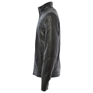Men's Genuine Leather Moto Jacket <b>Stand</b> Collar Zipper Closure Solid Black Regular Fit Slim Style Autumn Wear - Product Image 6