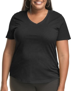 T-shirt décontracté pour femmes grandes tailles, été, 100% coton, col en V, manches courtes - Product Image 3