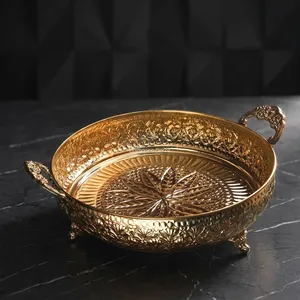 Corbeille à fruits en laiton sculpté style Mughal avec poignée, plateau de service décoratif doré, décoration d'intérieur, cadeau de festival - Product Image 6
