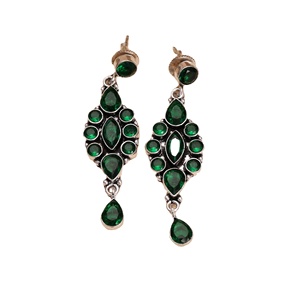 Oxidized Silver Brass <b>Stud</b> Earrings <b>Emerald</b> Cut Green Gemstone Bezel Set Women's Vintage Bohemian Jewelry Gift - Product Image 1