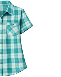 Custom Teal And White Plaid Womens Short Sleeve Button Up Shirt Casual Summer Lightweight Breathable <b>Checkered</b> <b>Top</b> With Pocket - Product Image 3