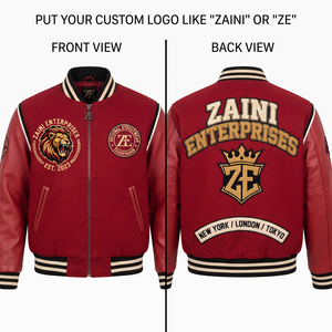 450 GSM Premium Wool Blend Melton Bomber <b>Jacket</b> Windproof Unisex PU <b>Leather</b> Sleeve Red Black Panel Custom Chenille Embroidery - Product Image 1